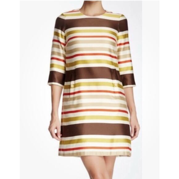 J McLaughlin Striped Shift Dress Red Green Brown 3/4 Sleeve Pockets Size 6 - Picture 1 of 10